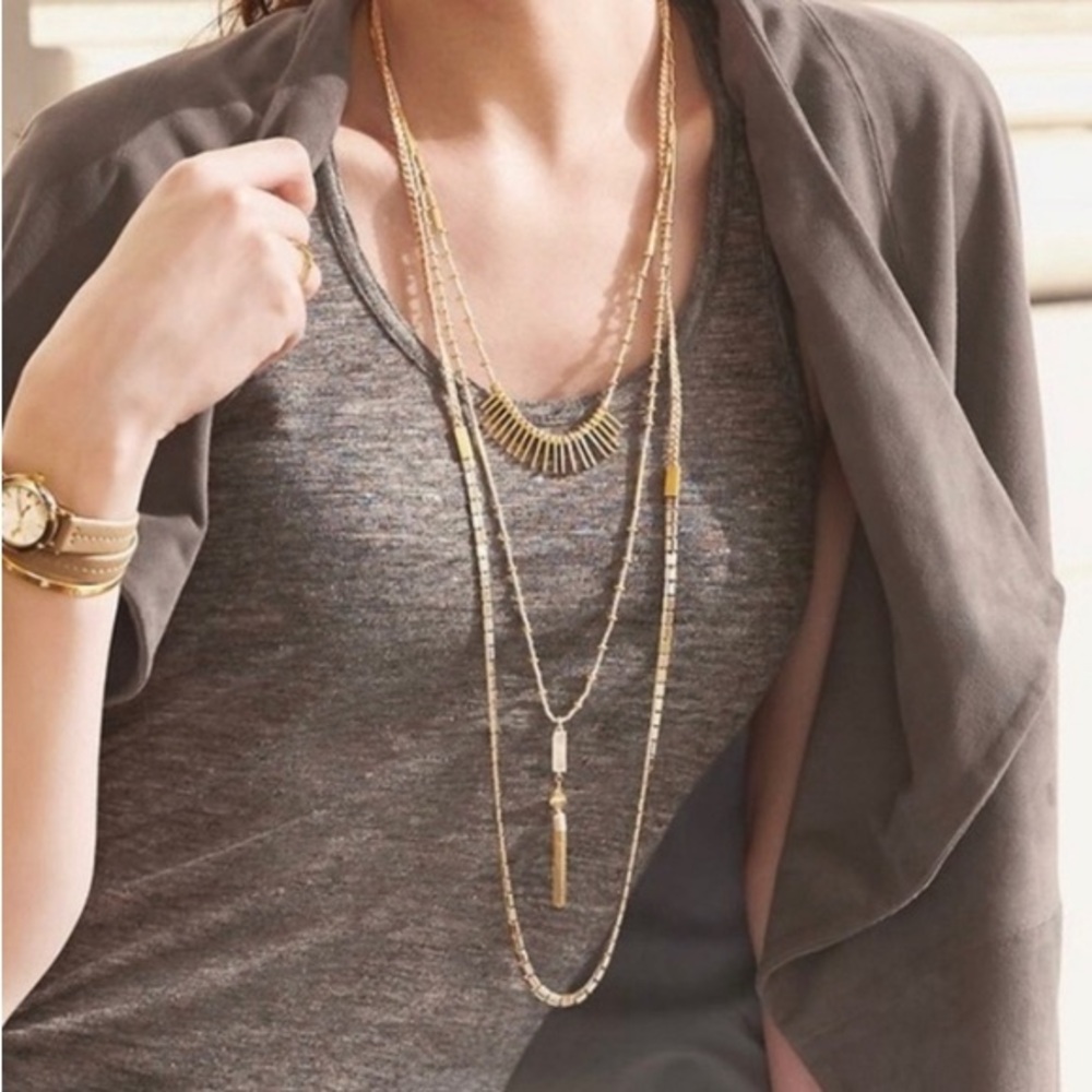 Stella and Dot Riad 7-in-1 or 3-in-1 layered rose quartz tassel Necklace EUC - Picture 2 of 10